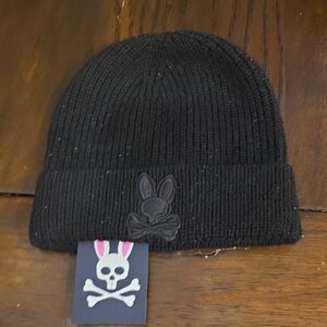 Psycho Bunny Black Knit Beanie with Skull and Bunny Emblem